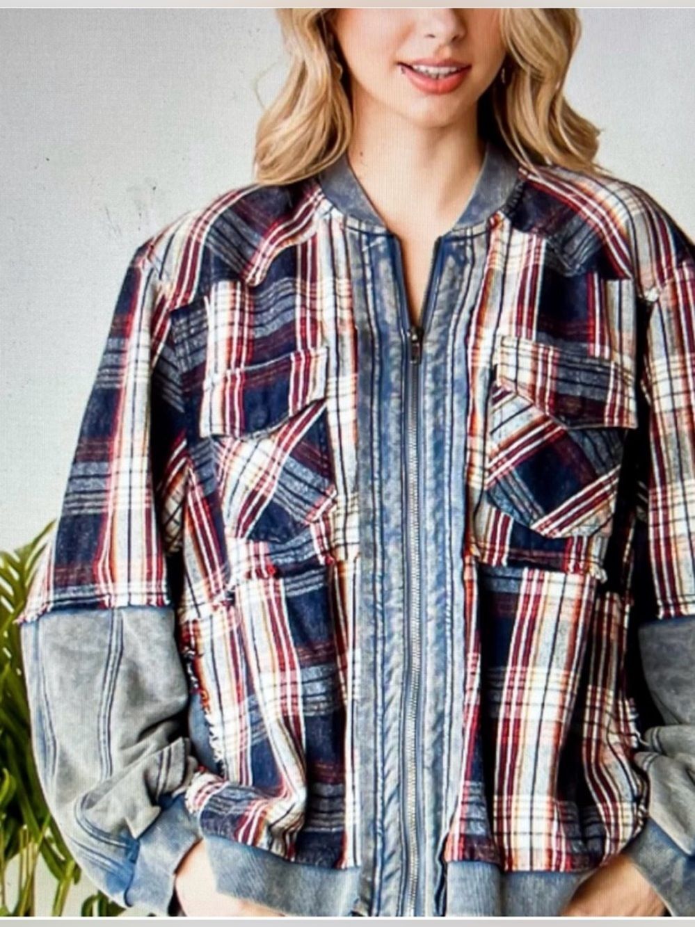 Oli & Hali Blue, Red and Cream Plaid Bomber Jacket Size Medium NWT
